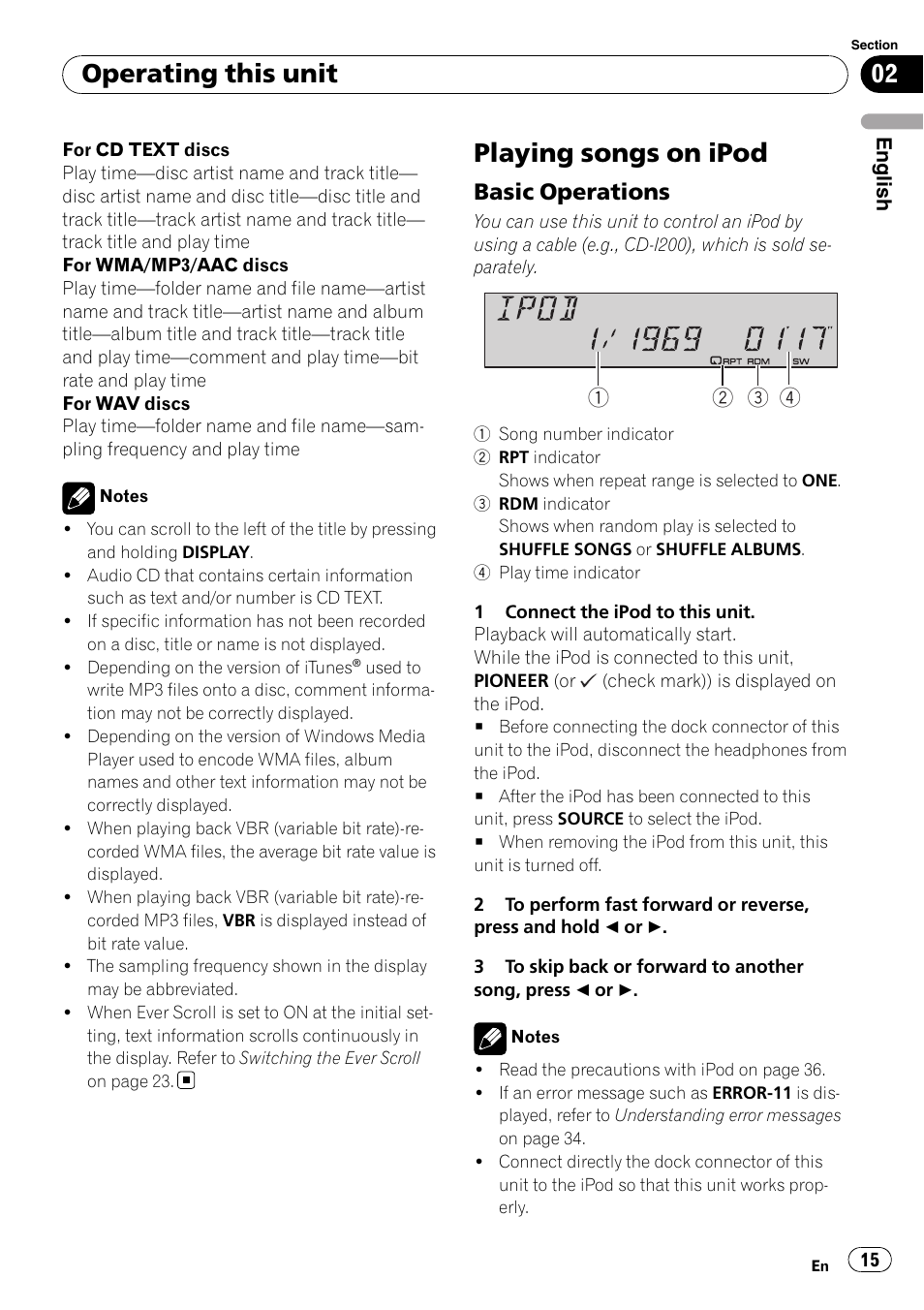 Playing songs on ipod, Basic operations 15, Operating this unit | Basic operations | Pioneer SRC7127-B/N User Manual | Page 15 / 118