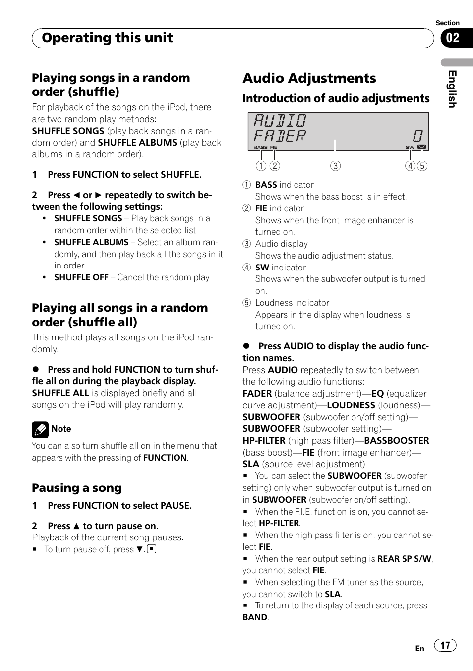 Playing songs in a random order, Shuffle), Playing all songs in a random order | Shuffle all), Pausing a song 17, Audio adjustments, Introduction of audio adjustments 17, Operating this unit, Playing songs in a random order (shuffle), Playing all songs in a random order (shuffle all) | Pioneer SRC7127-B/N User Manual | Page 17 / 118