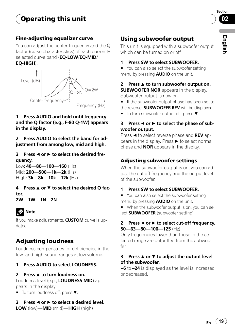 Adjusting loudness 19, Using subwoofer output 19, Operating this unit | Adjusting loudness, Using subwoofer output | Pioneer SRC7127-B/N User Manual | Page 19 / 118