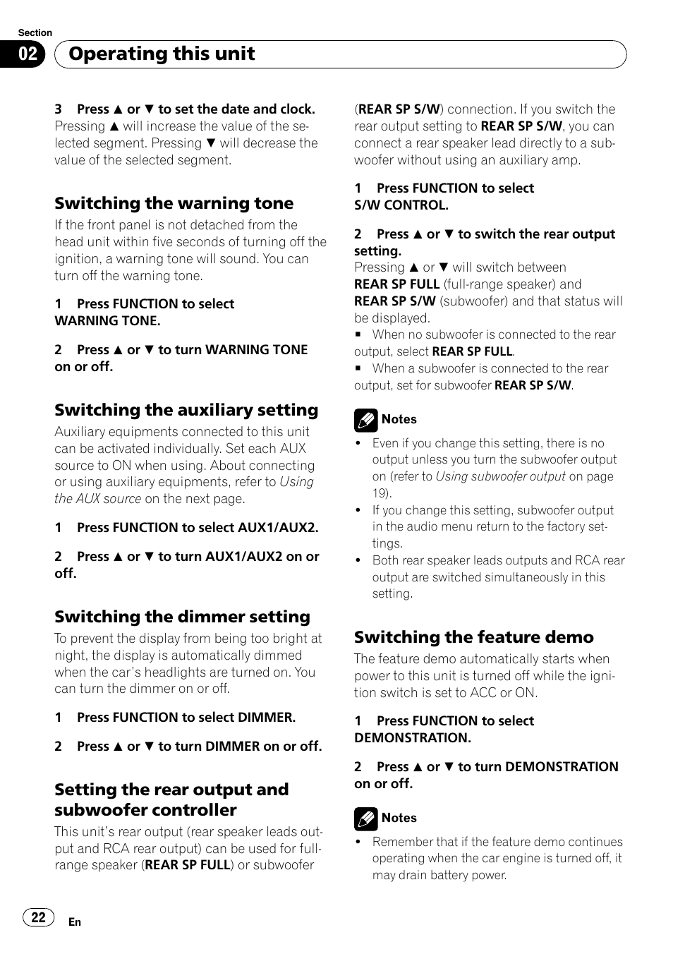 Switching the warning tone 22, Switching the auxiliary setting 22, Switching the dimmer setting 22 | Setting the rear output and subwoofer, Controller, Switching the feature demo 22, Operating this unit, Switching the warning tone, Switching the auxiliary setting, Switching the dimmer setting | Pioneer SRC7127-B/N User Manual | Page 22 / 118