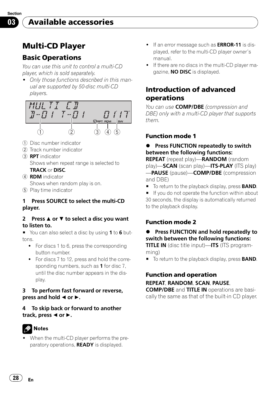 Multi-cd player, Basic operations 28, Introduction of advanced | Operations, Available accessories, Basic operations, Introduction of advanced operations | Pioneer SRC7127-B/N User Manual | Page 28 / 118