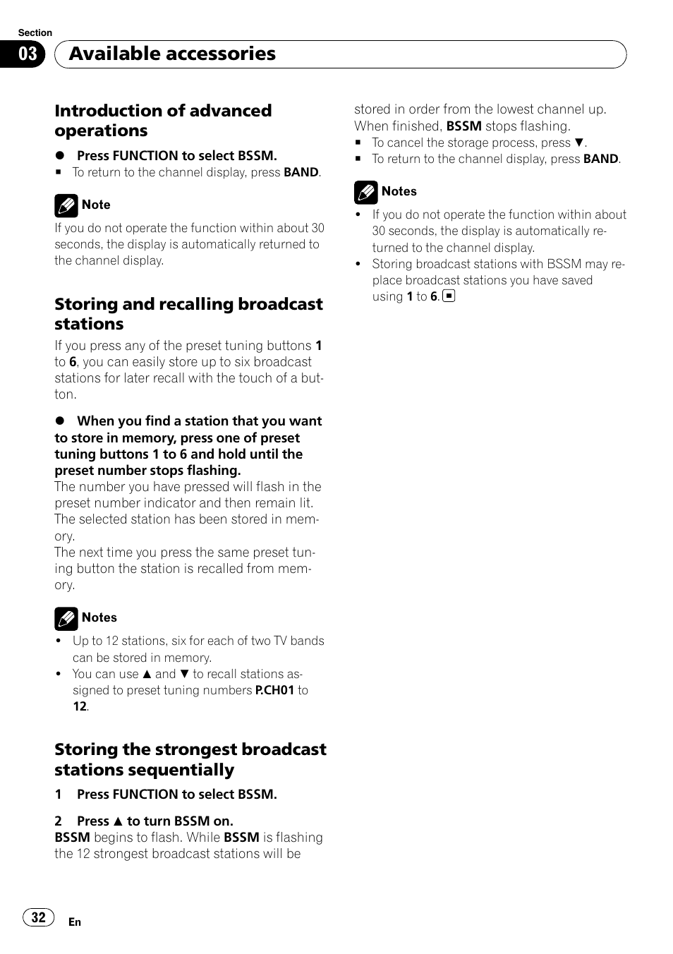 Introduction of advanced, Operations, Storing and recalling broadcast | Stations, Storing the strongest broadcast, Stations sequentially, Available accessories, Introduction of advanced operations, Storing and recalling broadcast stations | Pioneer SRC7127-B/N User Manual | Page 32 / 118