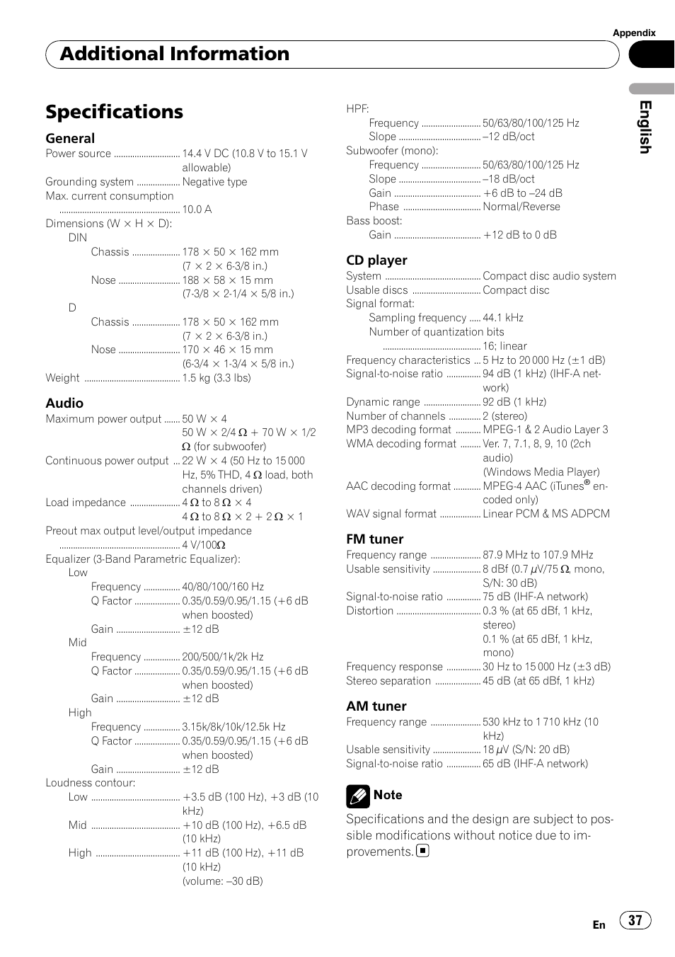 Specifications, Additional information, English | Pioneer SRC7127-B/N User Manual | Page 37 / 118