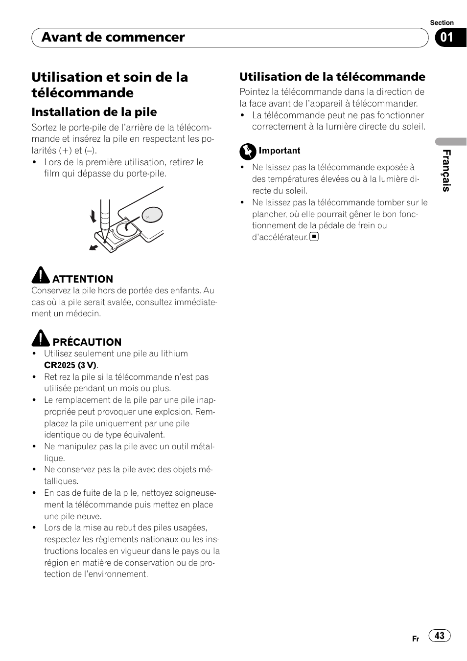 Utilisation et soin de la télécommande, Installation de la pile 43, Utilisation de la télécommande 43 | Avant de commencer, Installation de la pile, Utilisation de la télécommande | Pioneer SRC7127-B/N User Manual | Page 43 / 118