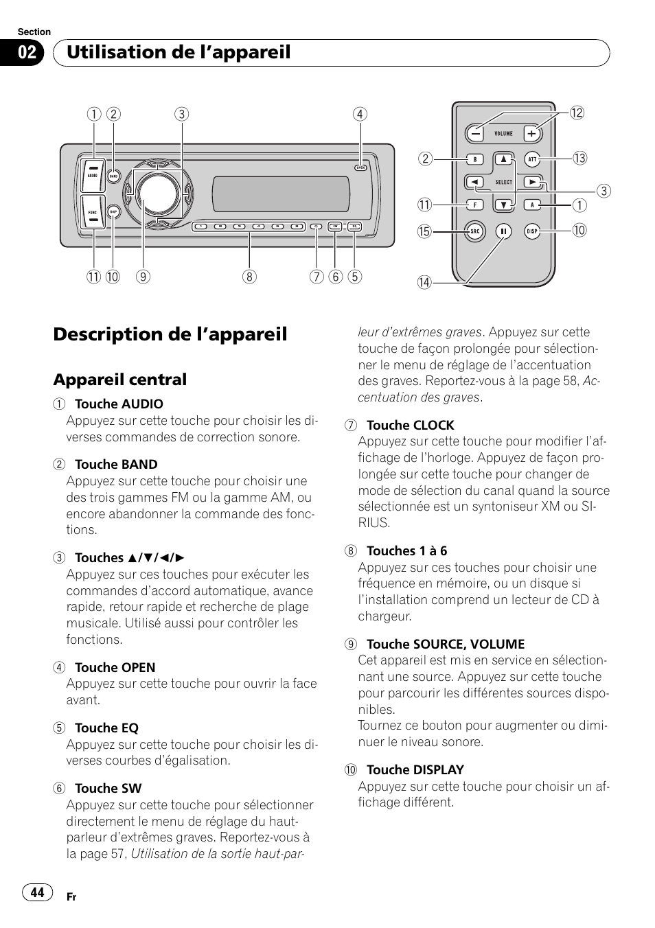 Utilisation de l, Appareil, Description de l | Appareil 44, Appareil central 44, Description de l ’appareil, Utilisation de l ’appareil | Pioneer SRC7127-B/N User Manual | Page 44 / 118