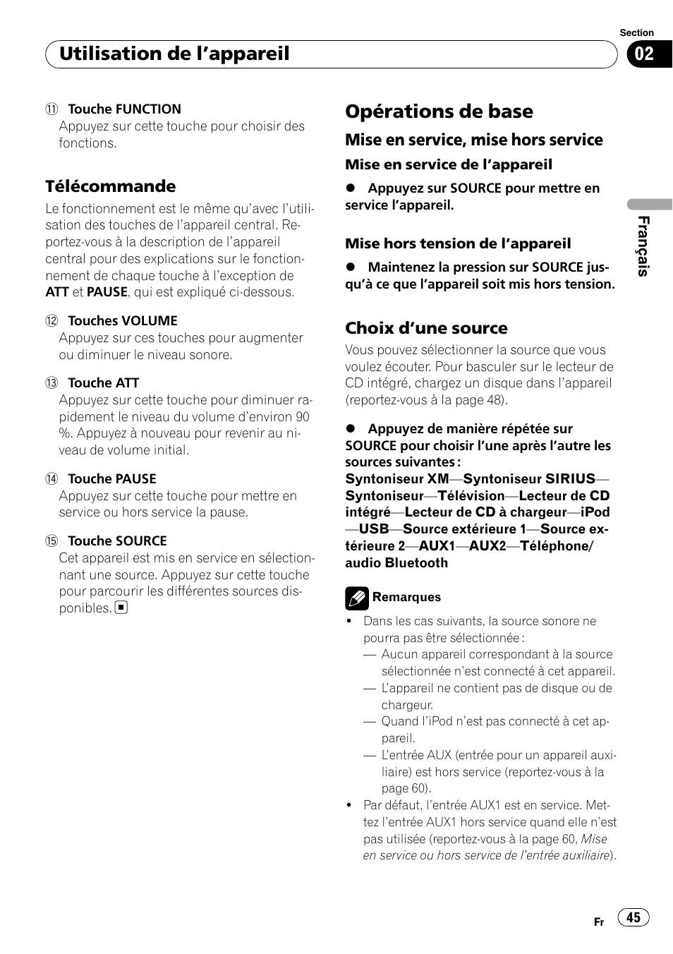 Télécommande 45, Opérations de base, Mise en service, mise hors service 45 | Choix d’une source 45, Utilisation de l ’appareil, Télécommande, Mise en service, mise hors service, Choix d ’une source | Pioneer SRC7127-B/N User Manual | Page 45 / 118