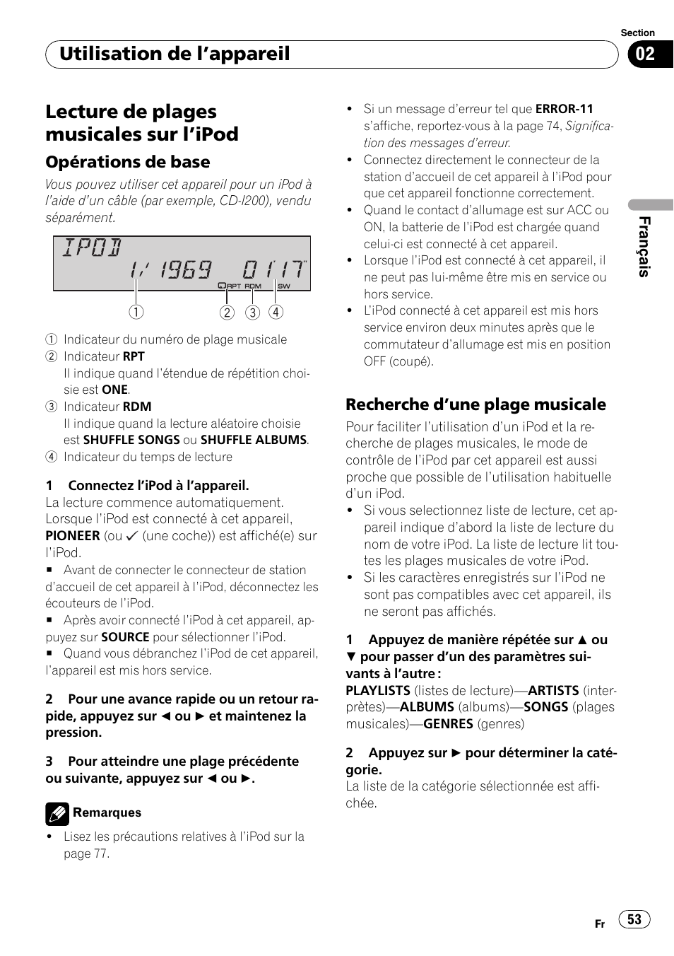 Lecture de plages musicales sur l, Ipod 53, Opérations de base 53 | Recherche d’une plage musicale 53, Lecture de plages musicales sur l ’ipod, Utilisation de l ’appareil, Opérations de base, Recherche d ’une plage musicale | Pioneer SRC7127-B/N User Manual | Page 53 / 118