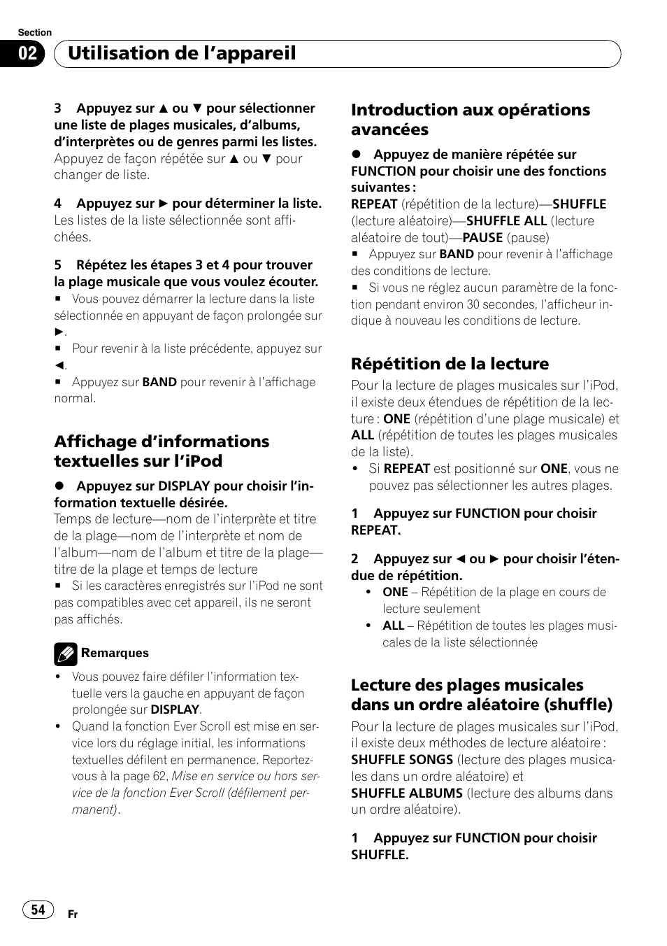 Affichage d’informations textuelles sur, Ipod 54, Introduction aux opérations | Avancées, Répétition de la lecture 54, Lecture des plages musicales dans un, Ordre aléatoire (shuffle), Utilisation de l ’appareil, Affichage d ’informations textuelles sur l ’ipod, Introduction aux opérations avancées | Pioneer SRC7127-B/N User Manual | Page 54 / 118