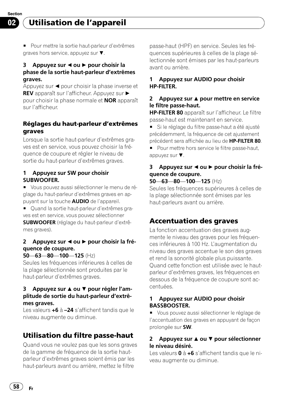 Utilisation du filtre passe-haut 58, Accentuation des graves 58, Utilisation de l ’appareil | Utilisation du filtre passe-haut, Accentuation des graves | Pioneer SRC7127-B/N User Manual | Page 58 / 118