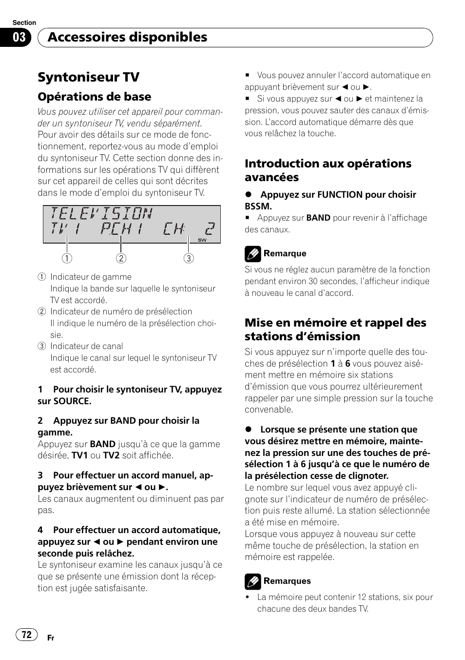 Syntoniseur tv, Opérations de base 72, Introduction aux opérations | Avancées, Mise en mémoire et rappel des stations, Émission 72, Accessoires disponibles, Opérations de base, Introduction aux opérations avancées, Mise en mémoire et rappel des stations d ’émission | Pioneer SRC7127-B/N User Manual | Page 72 / 118
