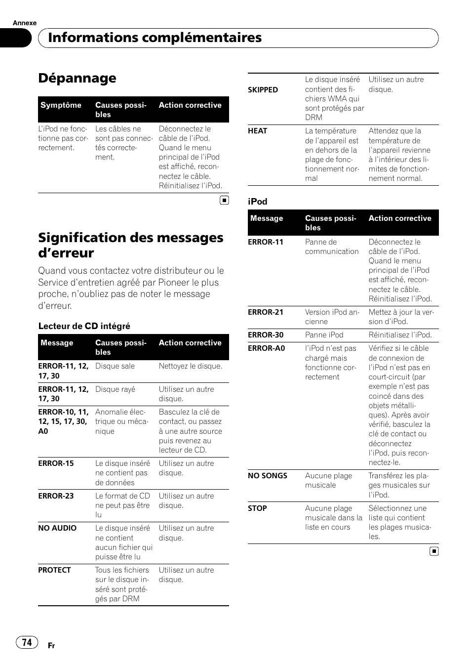 Informations complémentaires dépannage, Signification des messages d, Erreur 74 | Tion des messages d, Erreur, Dépannage, Signification des messages d ’erreur, Informations complémentaires | Pioneer SRC7127-B/N User Manual | Page 74 / 118