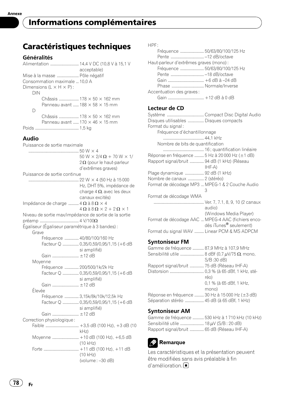 Caractéristiques techniques, Informations complémentaires, Généralités | Audio, Lecteur de cd, Syntoniseur fm, Syntoniseur am | Pioneer SRC7127-B/N User Manual | Page 78 / 118