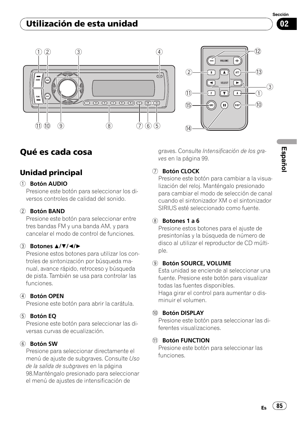 Utilización de esta unidad qué es cada cosa, Unidad principal 85, Qué es cada cosa | Utilización de esta unidad | Pioneer SRC7127-B/N User Manual | Page 85 / 118