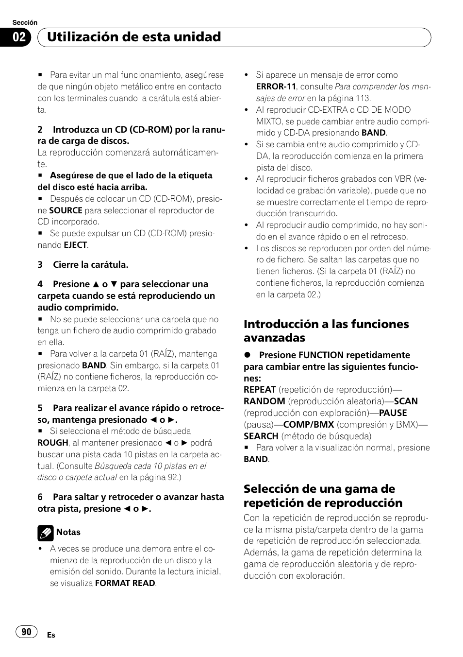 Introducción a las funciones, Avanzadas, Selección de una gama de repetición | De reproducción, Utilización de esta unidad, Introducción a las funciones avanzadas | Pioneer SRC7127-B/N User Manual | Page 90 / 118