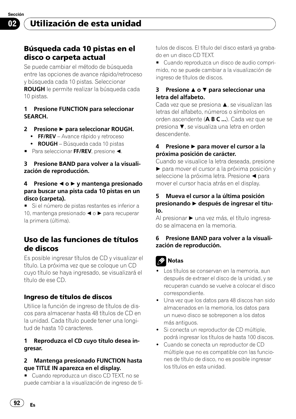 Búsqueda cada 10 pistas en el disco o, Carpeta actual, Uso de las funciones de títulos de | Discos, Utilización de esta unidad, Uso de las funciones de títulos de discos | Pioneer SRC7127-B/N User Manual | Page 92 / 118
