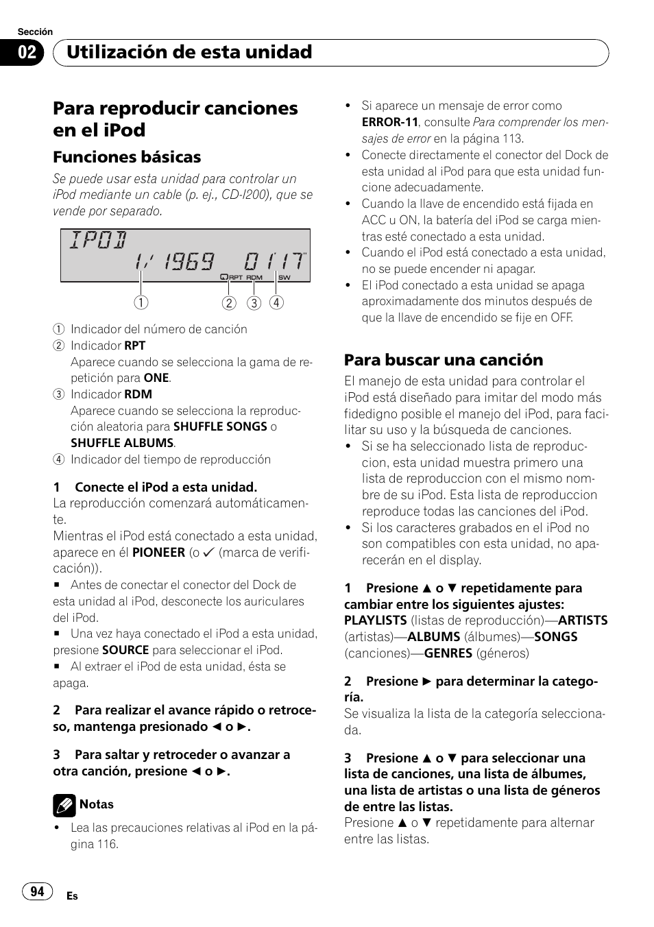 Para reproducir canciones en el ipod, Funciones básicas 94, Para buscar una canción 94 | Utilización de esta unidad, Funciones básicas, Para buscar una canción | Pioneer SRC7127-B/N User Manual | Page 94 / 118