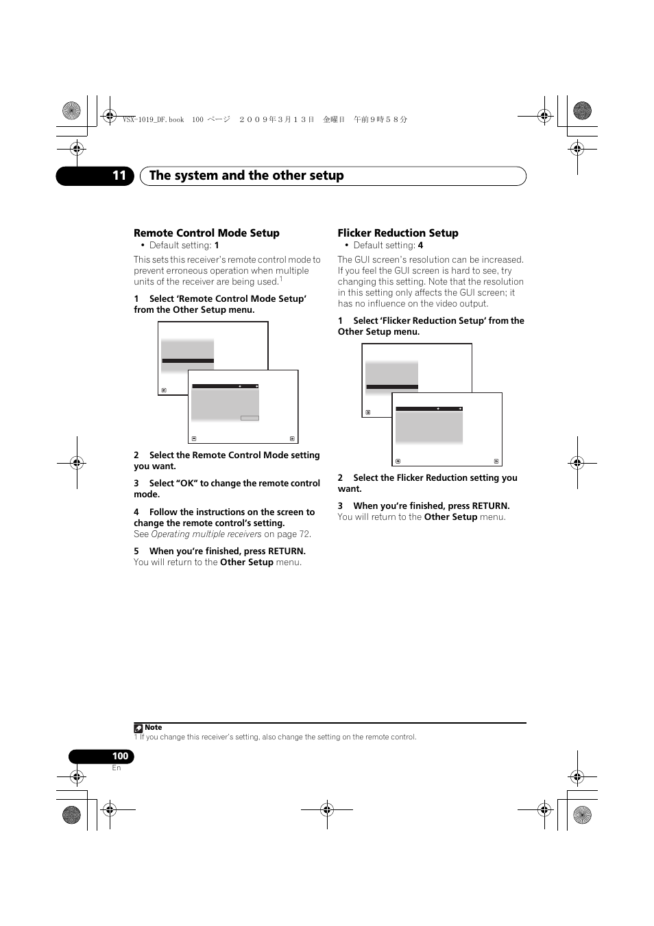 Remote control mode setup, Flicker reduction setup, Remote control mode setup flicker reduction setup | The system and the other setup 11 | Pioneer VSX-919AH-S User Manual | Page 100 / 122