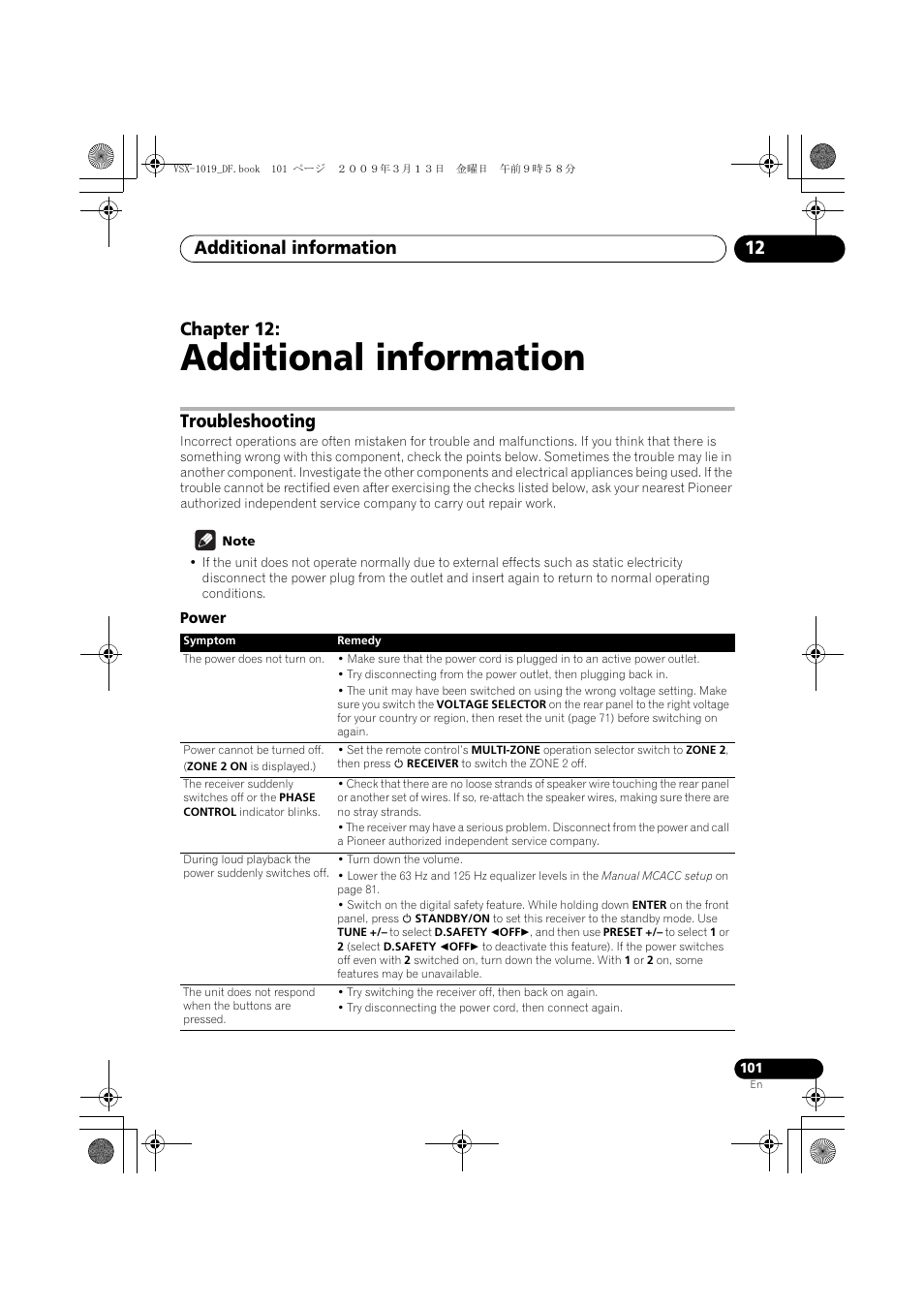 Additional information, Troubleshooting, Power | Additional information 12, Chapter 12 | Pioneer VSX-919AH-S User Manual | Page 101 / 122