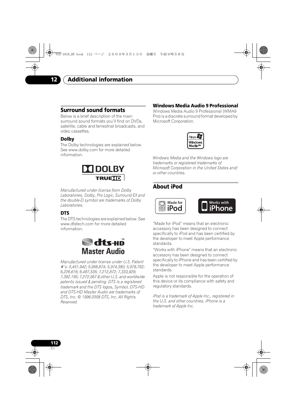 Surround sound formats, Dolby, Windows media audio 9 professional | About ipod, Dolby dts windows media audio 9 professional, Additional information 12 | Pioneer VSX-919AH-S User Manual | Page 112 / 122
