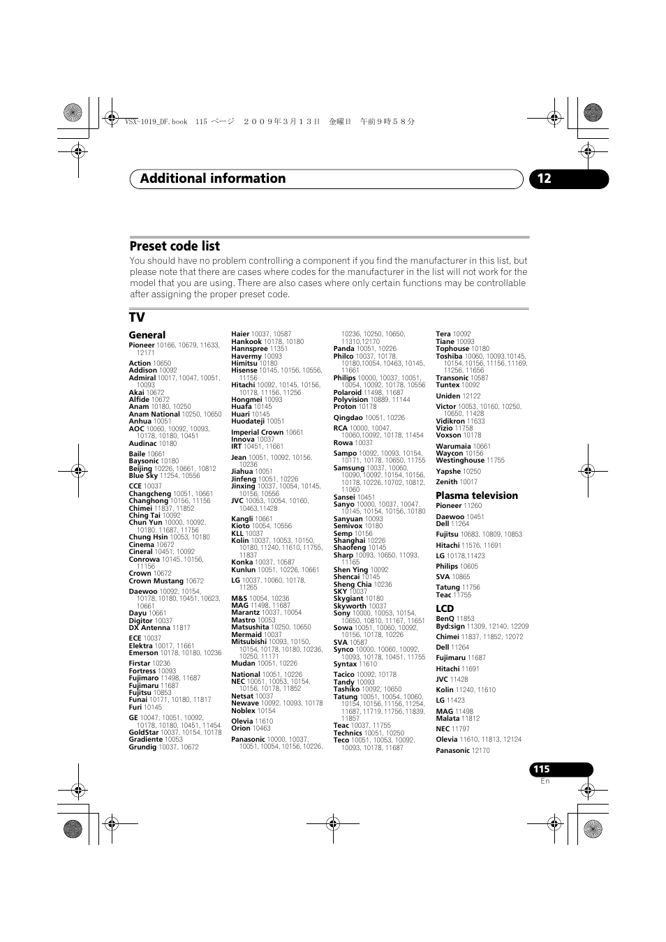 Preset code list, Additional information 12, General | Plasma television | Pioneer VSX-919AH-S User Manual | Page 115 / 122