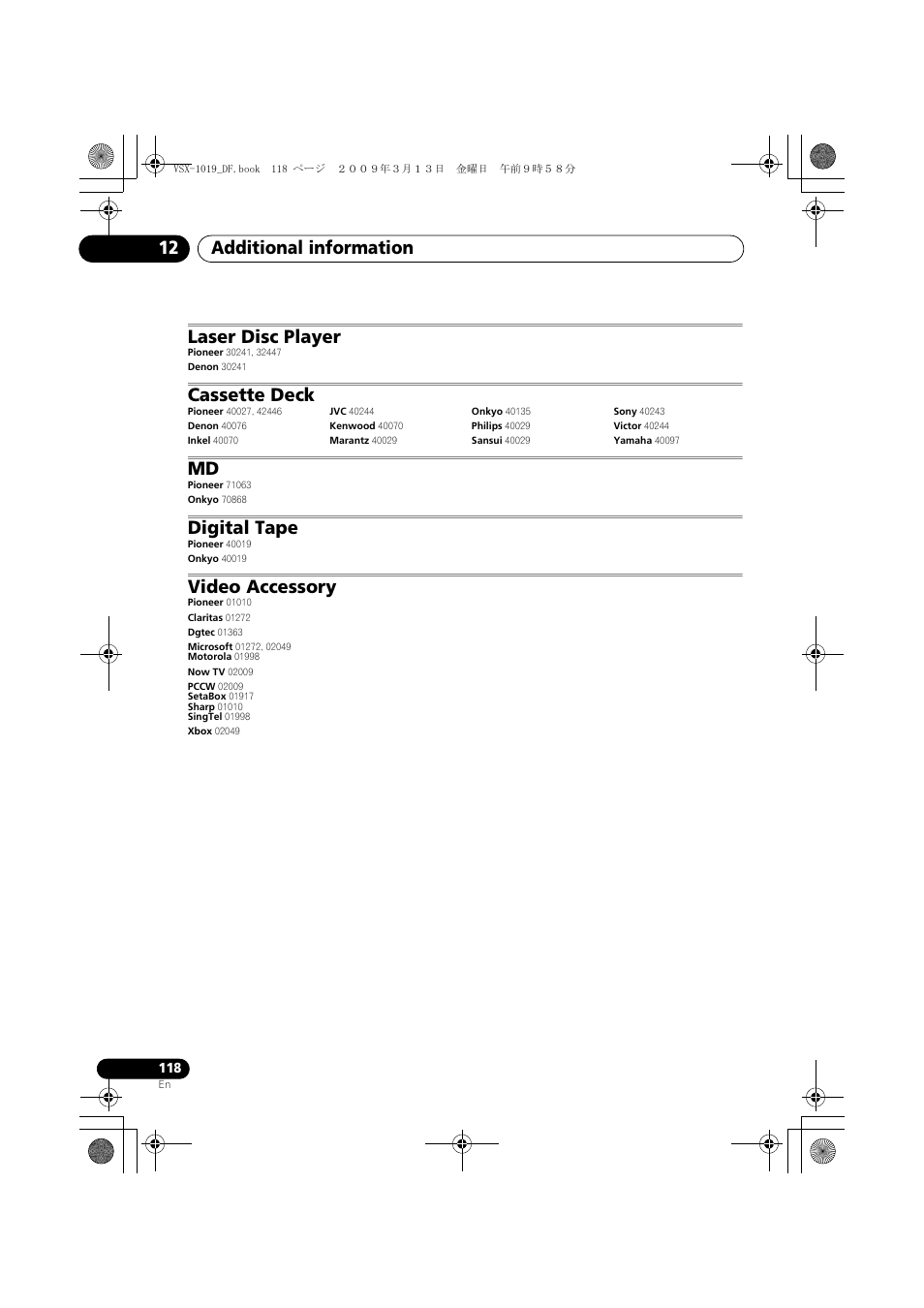 Laser disc player, Cassette deck, Digital tape | Video accessory, Additional information 12 | Pioneer VSX-919AH-S User Manual | Page 118 / 122