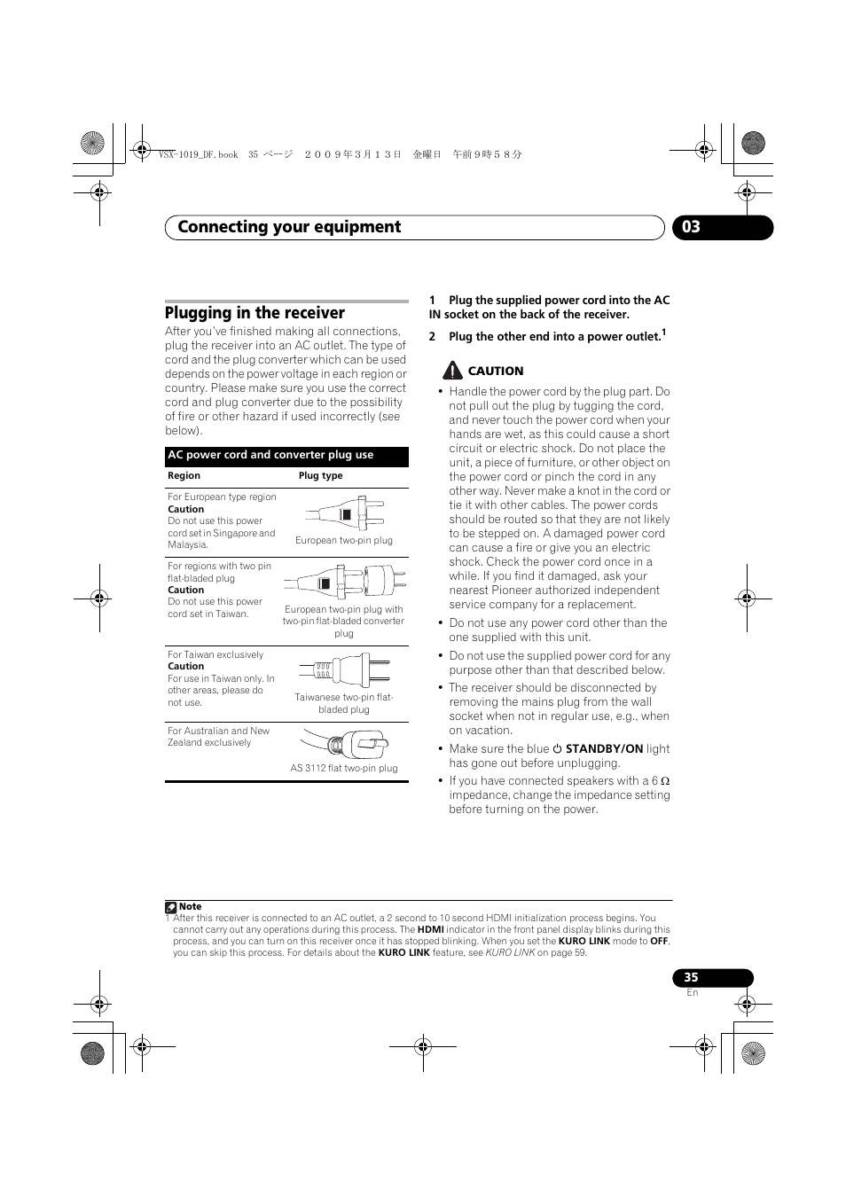 Plugging in the receiver, Connecting your equipment 03 | Pioneer VSX-919AH-S User Manual | Page 35 / 122