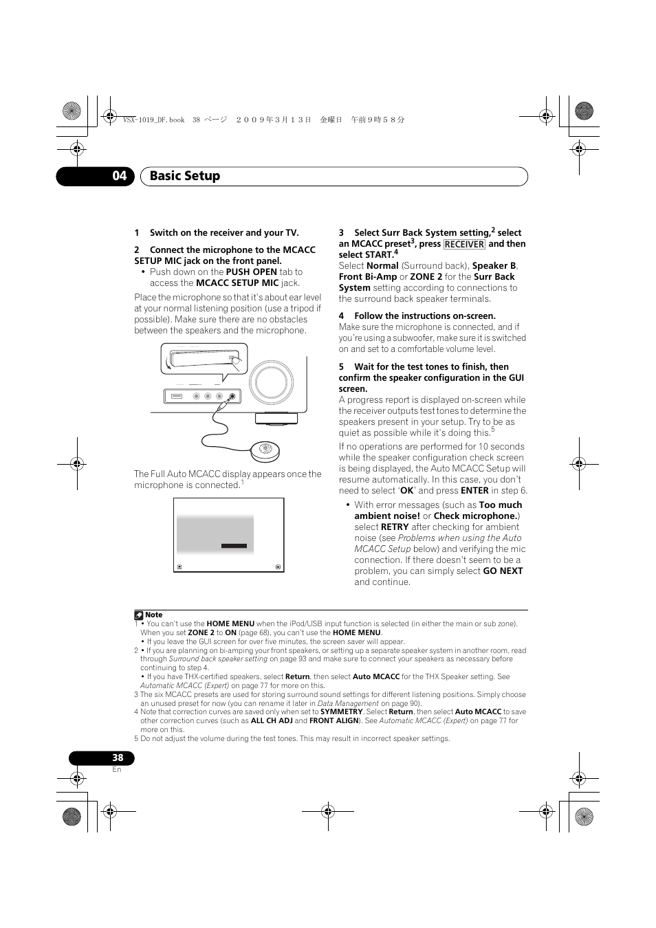 Basic setup 04, 3select surr back system setting, Select an mcacc preset | Press and then select start, Receiver | Pioneer VSX-919AH-S User Manual | Page 38 / 122