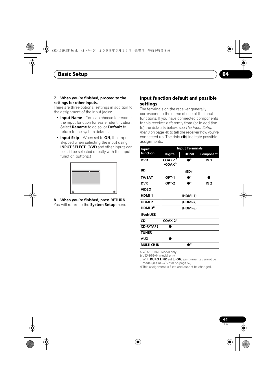 Input function default and possible settings, Basic setup 04 | Pioneer VSX-919AH-S User Manual | Page 41 / 122