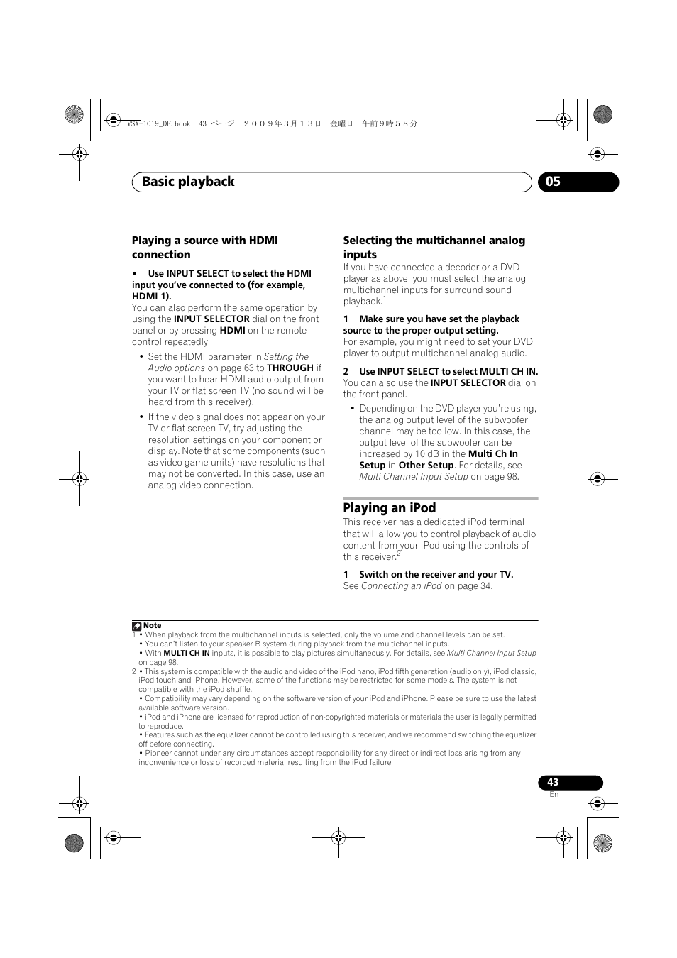 Playing a source with hdmi connection, Selecting the multichannel analog inputs, Playing an ipod | Basic playback 05 | Pioneer VSX-919AH-S User Manual | Page 43 / 122