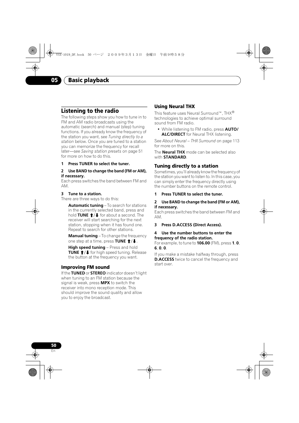 Listening to the radio, Improving fm sound, Using neural thx | Tuning directly to a station, Basic playback 05 | Pioneer VSX-919AH-S User Manual | Page 50 / 122