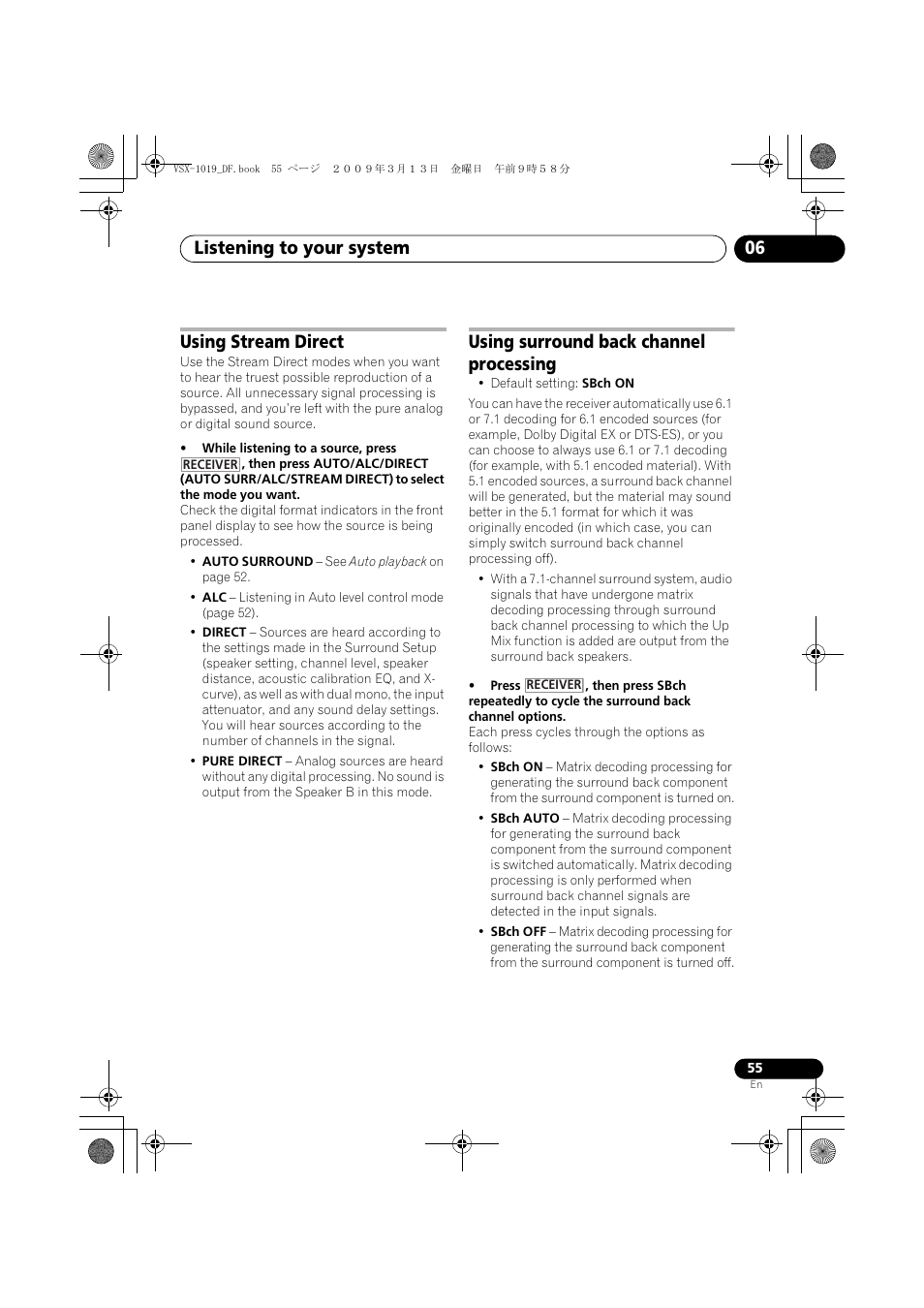 Using stream direct, Using surround back channel processing, Listening to your system 06 | Pioneer VSX-919AH-S User Manual | Page 55 / 122