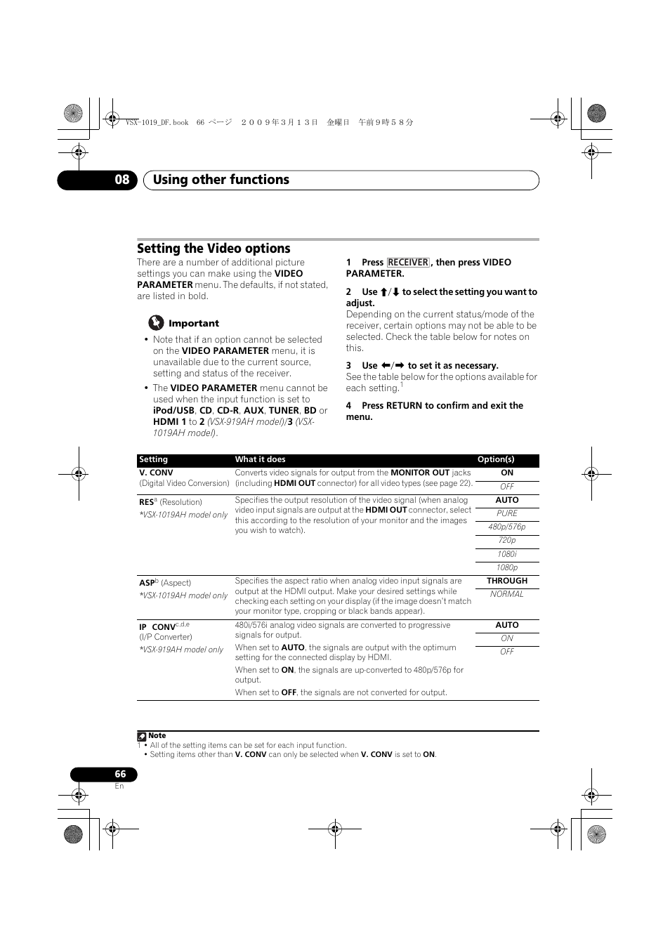 Setting the video options, Using other functions 08 | Pioneer VSX-919AH-S User Manual | Page 66 / 122