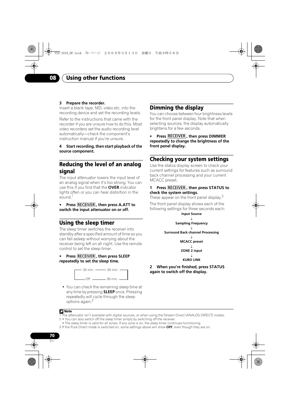 Reducing the level of an analog signal, Using the sleep timer, Dimming the display | Checking your system settings, Using other functions 08 | Pioneer VSX-919AH-S User Manual | Page 70 / 122