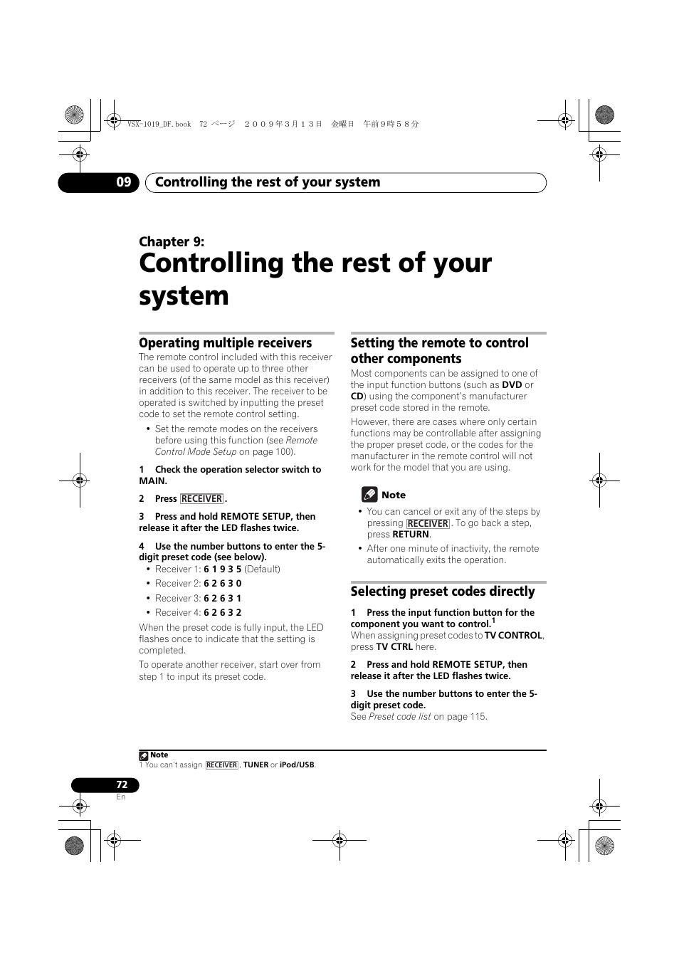 Controlling the rest of your system, Operating multiple receivers, Setting the remote to control other components | Selecting preset codes directly, Controlling the rest of your system 09, Chapter 9 | Pioneer VSX-919AH-S User Manual | Page 72 / 122