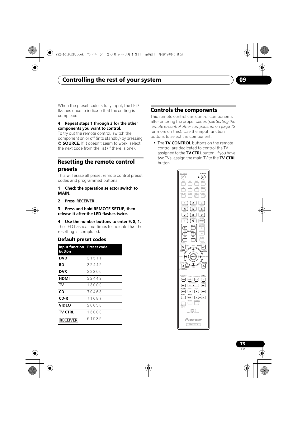 Resetting the remote control presets, Default preset codes, Controls the components | Controlling the rest of your system 09, Receiver | Pioneer VSX-919AH-S User Manual | Page 73 / 122