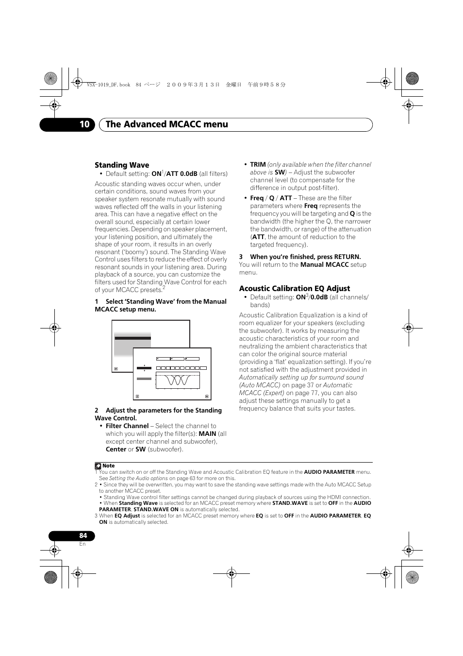Standing wave, Acoustic calibration eq adjust, Standing wave acoustic calibration eq adjust | The advanced mcacc menu 10, Default setting: on | Pioneer VSX-919AH-S User Manual | Page 84 / 122
