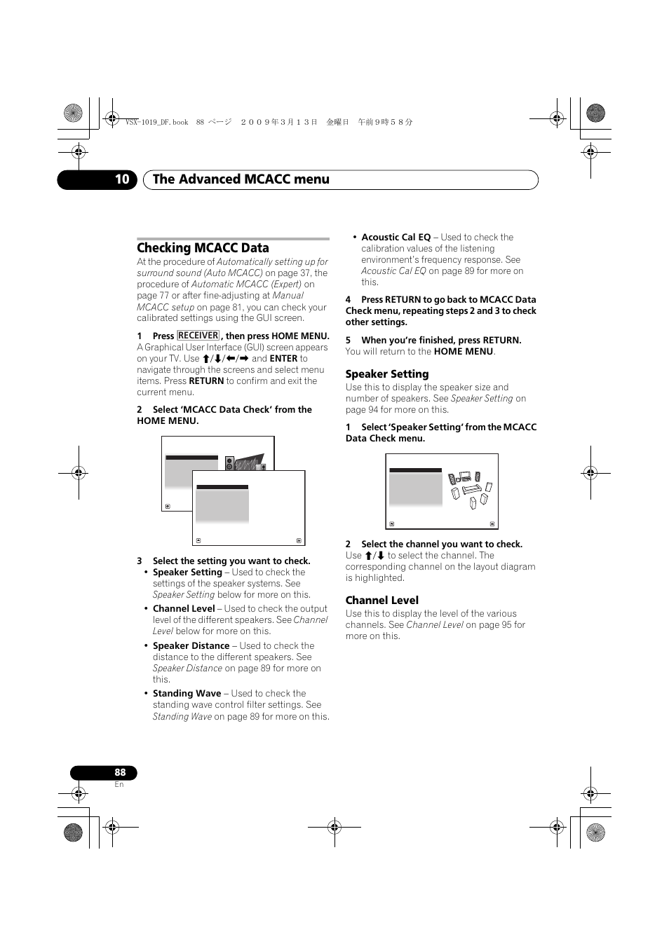 Checking mcacc data, Speaker setting, Channel level | Speaker setting channel level, The advanced mcacc menu 10 | Pioneer VSX-919AH-S User Manual | Page 88 / 122