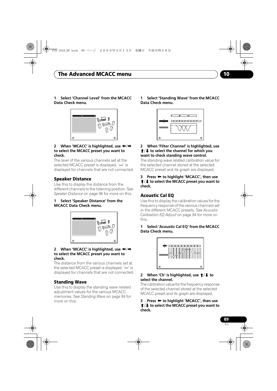 Speaker distance, Standing wave, Acoustic cal eq | Speaker distance standing wave acoustic cal eq, The advanced mcacc menu 10 | Pioneer VSX-919AH-S User Manual | Page 89 / 122