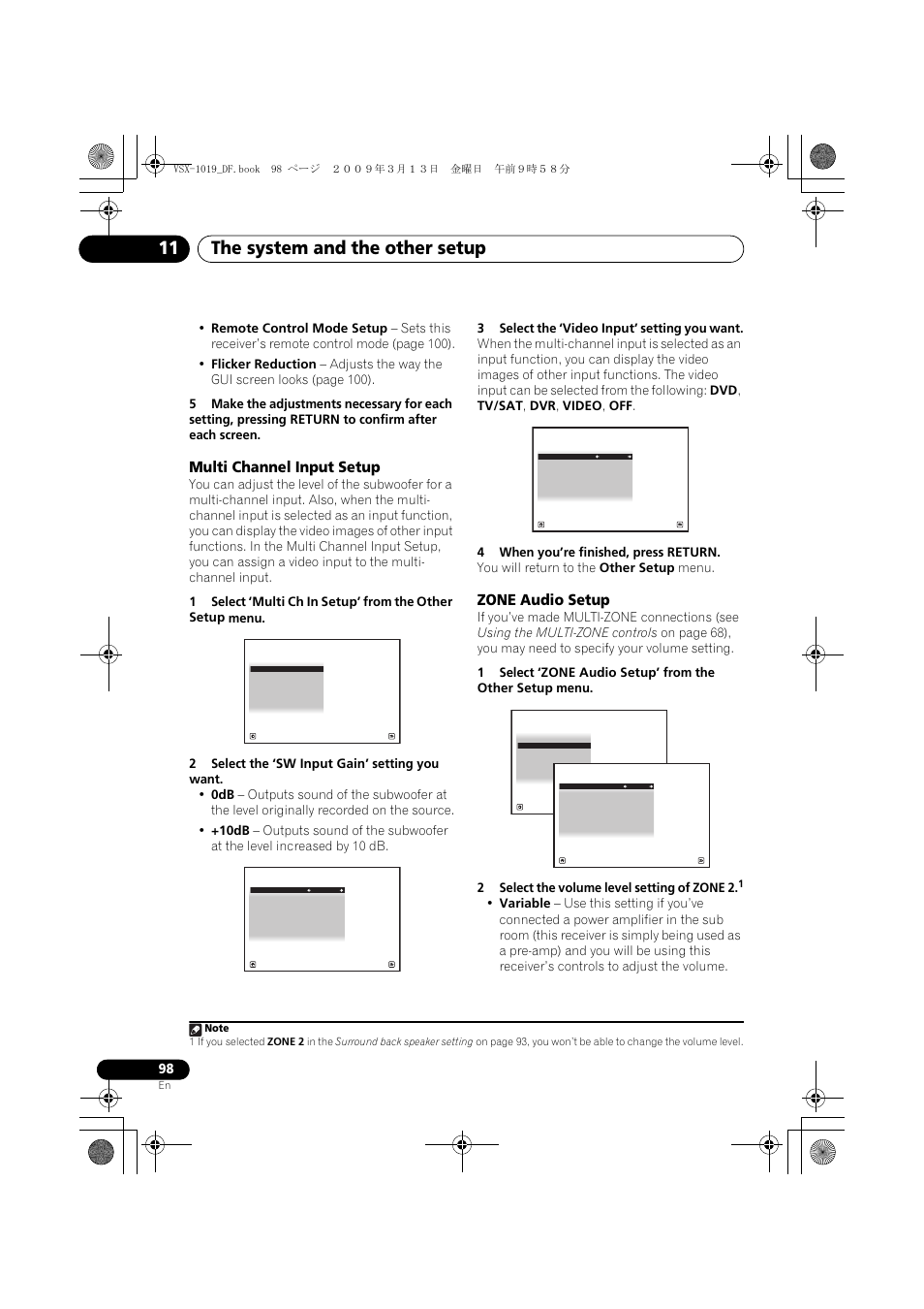 Multi channel input setup, Zone audio setup, Multi channel input setup zone audio setup | The system and the other setup 11 | Pioneer VSX-919AH-S User Manual | Page 98 / 122