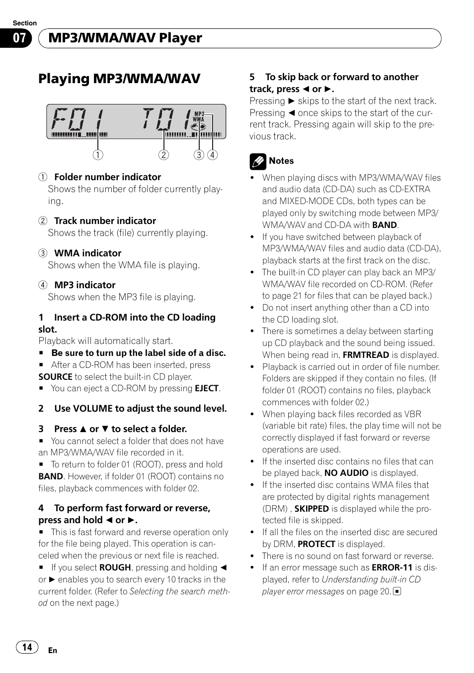 Mp3/wma/wav player, Playing mp3/wma/wav 14, Playing mp3/wma/wav | Pioneer DEH-3700MP User Manual | Page 14 / 90