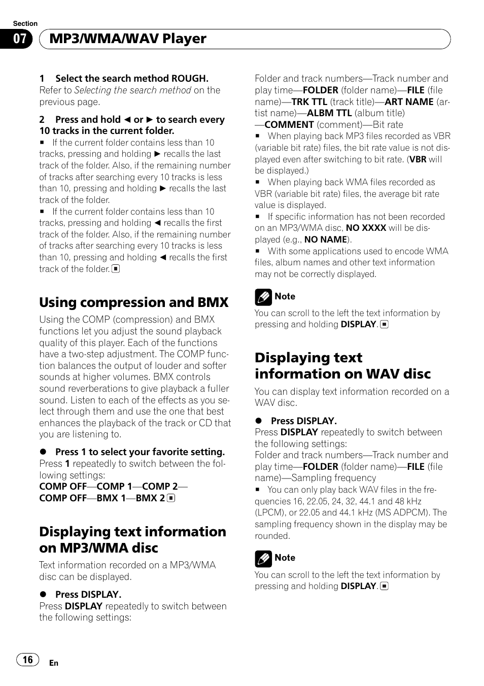 Using compression and bmx 16, Displaying text information on mp3/wma, Disc 16 | Displaying text information on wav disc 16, Using compression and bmx, Displaying text information on mp3/wma disc, Displaying text information on wav disc, Mp3/wma/wav player | Pioneer DEH-3700MP User Manual | Page 16 / 90