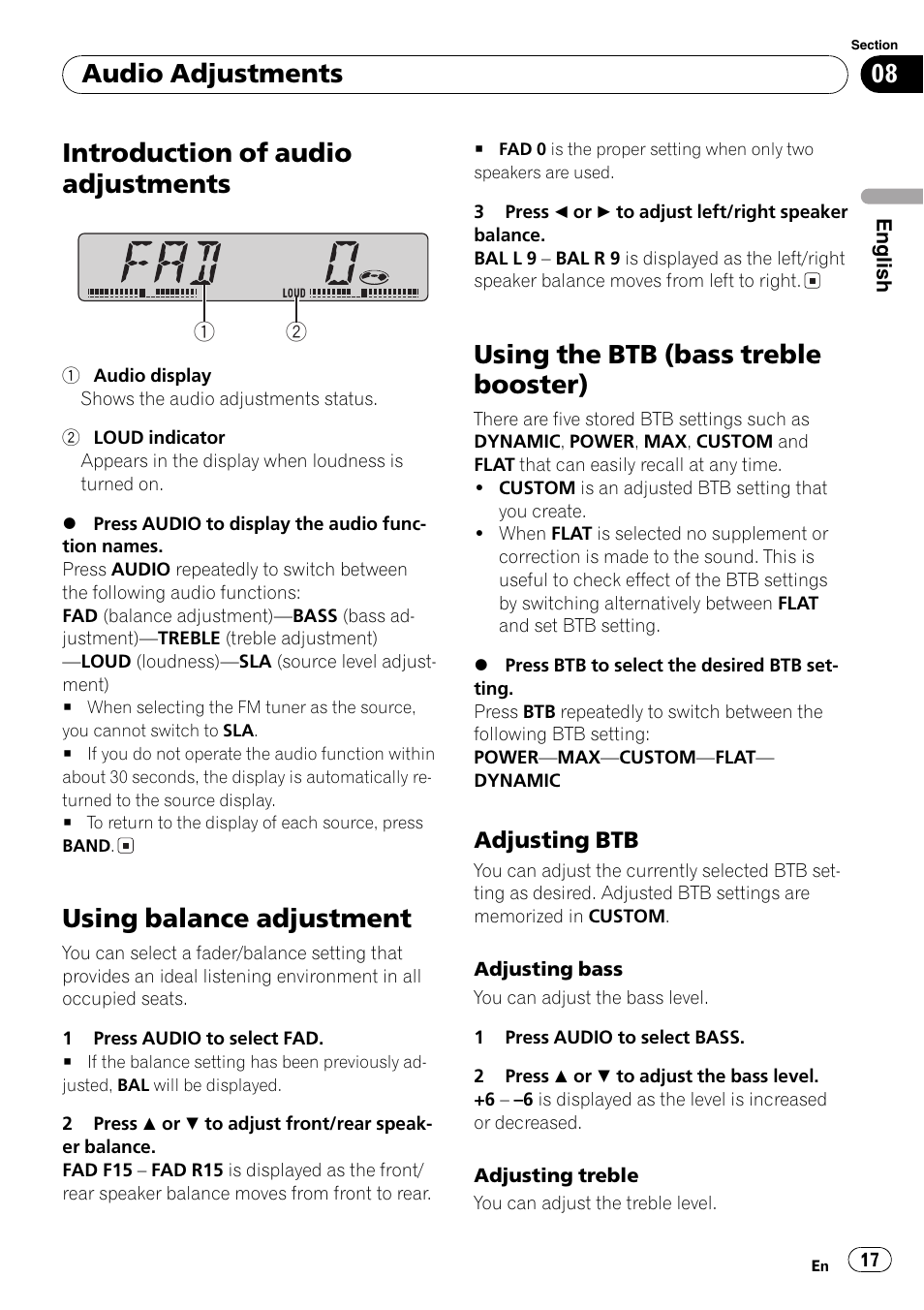 Audio adjustments, Introduction of audio adjustments 17, Using balance adjustment 17 | Using the btb (bass treble booster) 17, Adjusting btb 17, Introduction of audio adjustments, Using balance adjustment, Using the btb (bass treble booster) | Pioneer DEH-3700MP User Manual | Page 17 / 90