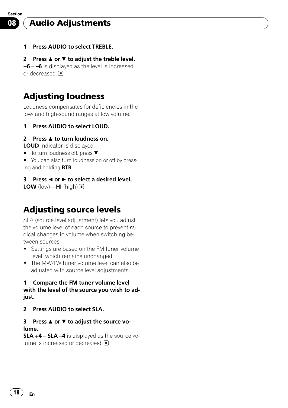 Adjusting loudness 18, Adjusting source levels 18, Adjusting loudness | Adjusting source levels, Audio adjustments | Pioneer DEH-3700MP User Manual | Page 18 / 90