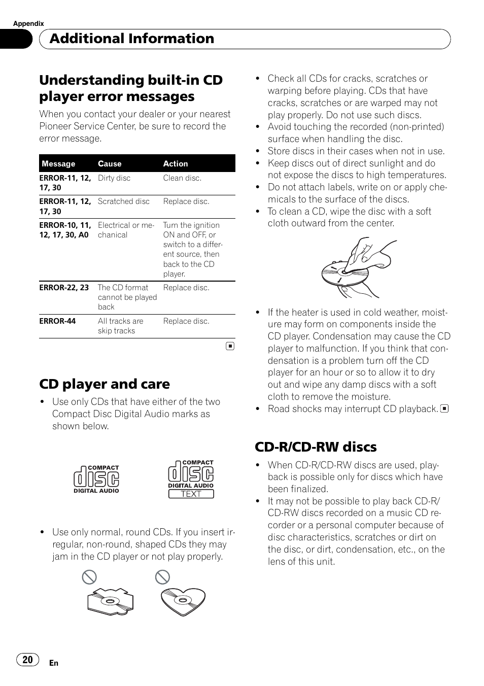 Additional information, Understanding built-in cd player error, Messages 20 | Cd player and care 20, Cd-r/cd-rw discs 20, Understanding built-in cd player error messages, Cd player and care, Cd-r/cd-rw discs | Pioneer DEH-3700MP User Manual | Page 20 / 90