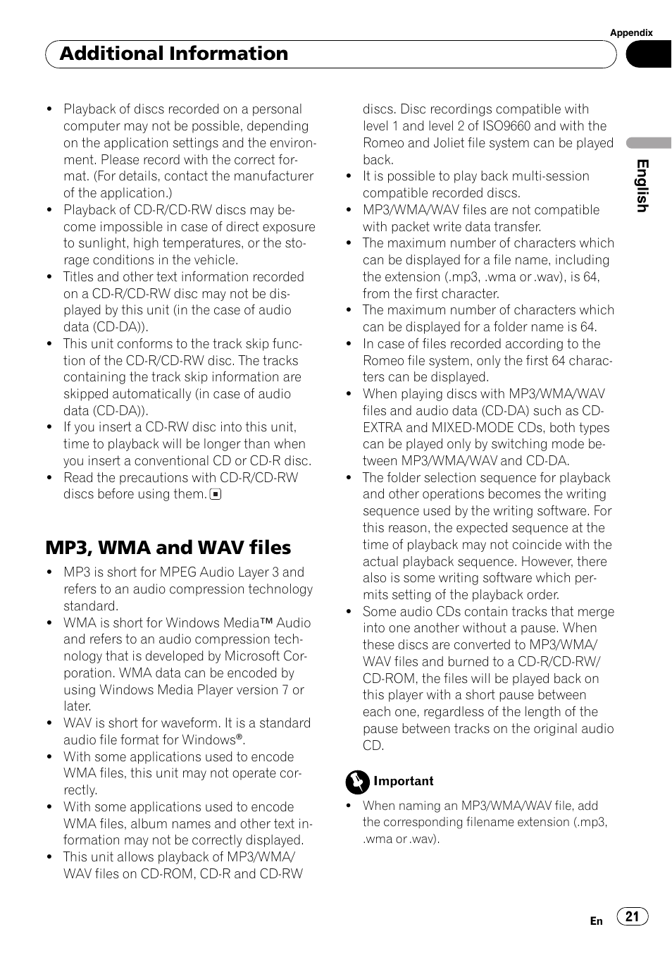 Mp3, wma and wav files 21, Mp3, wma and wav files, Additional information | Pioneer DEH-3700MP User Manual | Page 21 / 90