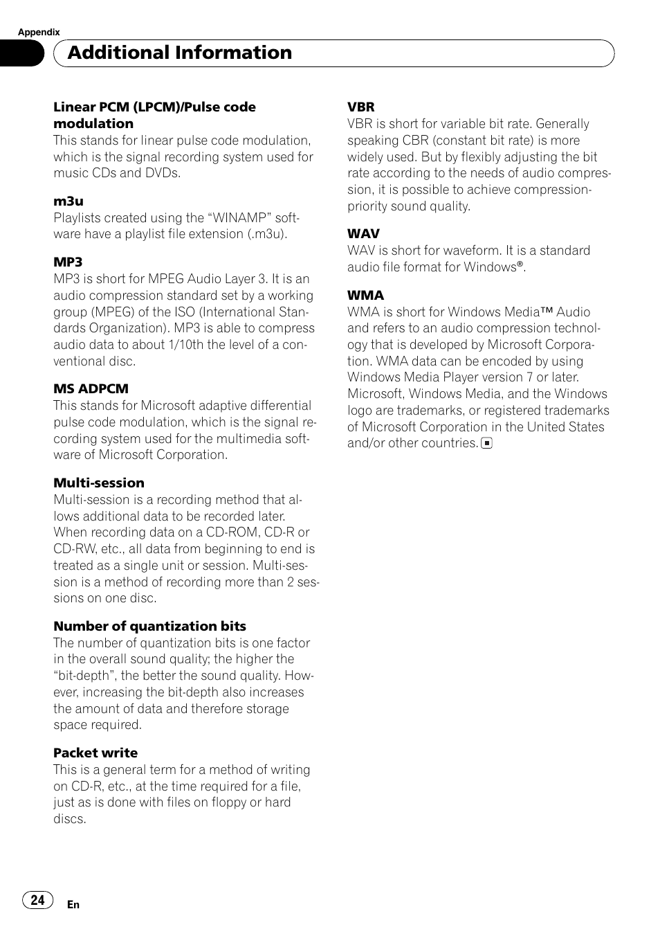 Additional information | Pioneer DEH-3700MP User Manual | Page 24 / 90