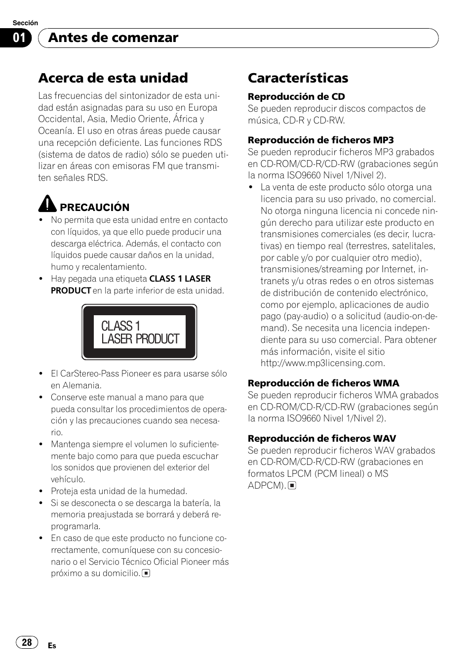 Antes de comenzar acerca de esta unidad 28, Características 28, Acerca de esta unidad | Características, Antes de comenzar, Class 1 laser product | Pioneer DEH-3700MP User Manual | Page 28 / 90