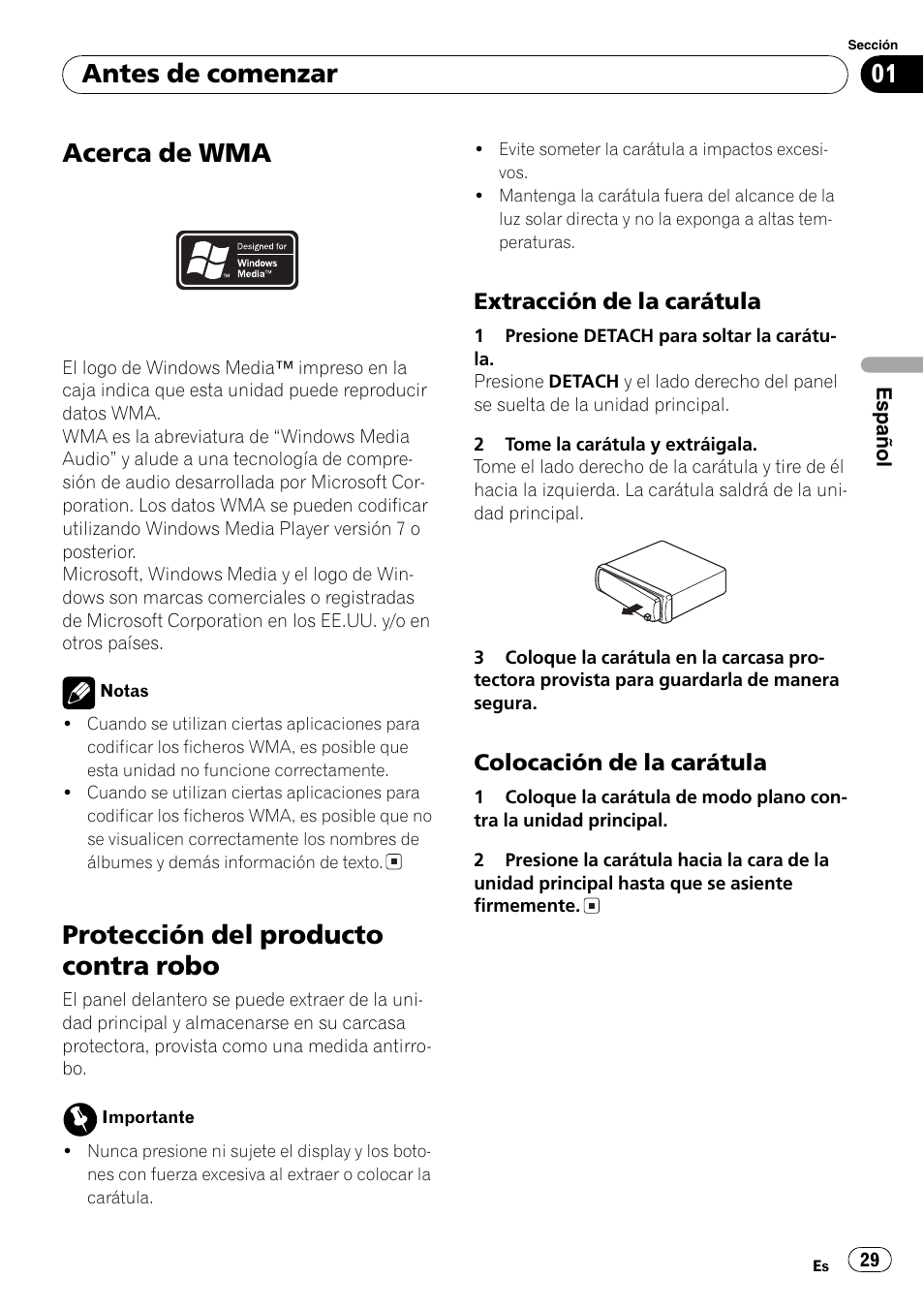 Acerca de wma 29, Protección del producto contra robo 29, Extracción de la carátula 29 | Colocación de la carátula 29, Acerca de wma, Protección del producto contra robo, Antes de comenzar, Extracción de la carátula, Colocación de la carátula | Pioneer DEH-3700MP User Manual | Page 29 / 90