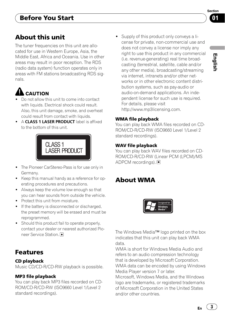 Before you start about this unit 3, Features 3, About wma 3 | About this unit, Features, About wma, Before you start, Class 1 laser product | Pioneer DEH-3700MP User Manual | Page 3 / 90