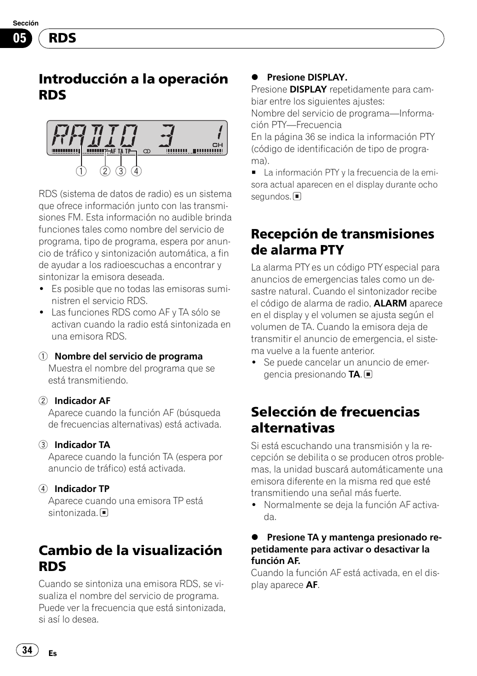 Introducción a la operación rds 34, Cambio de la visualización rds 34, Recepción de transmisiones de alarma | Pty 34, Selección de frecuencias alternativas 34, Introducción a la operación rds, Cambio de la visualización rds, Recepción de transmisiones de alarma pty, Selección de frecuencias alternativas | Pioneer DEH-3700MP User Manual | Page 34 / 90